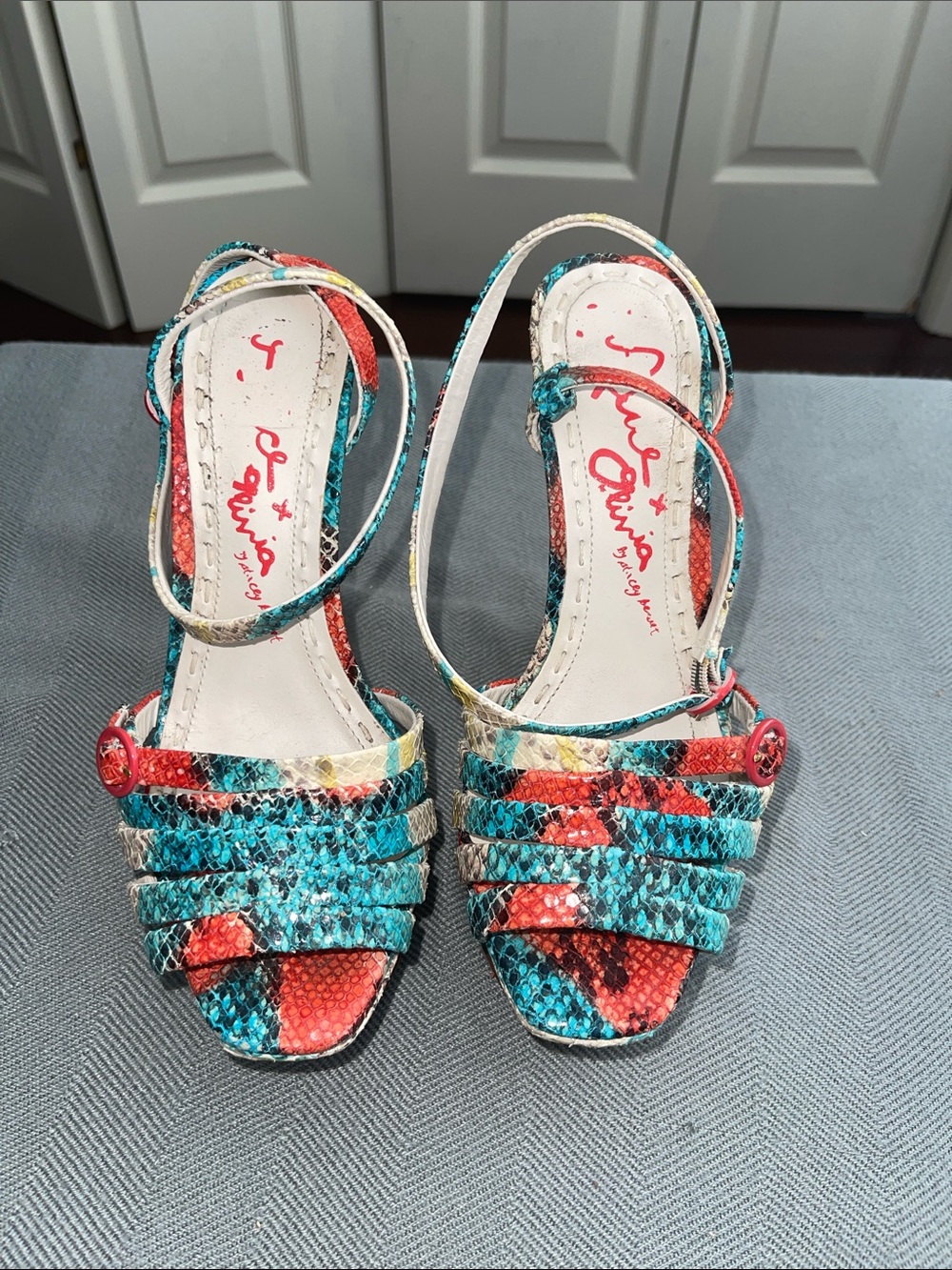 Alice + Olivia Snakeskin Print Platform Sandals Heels